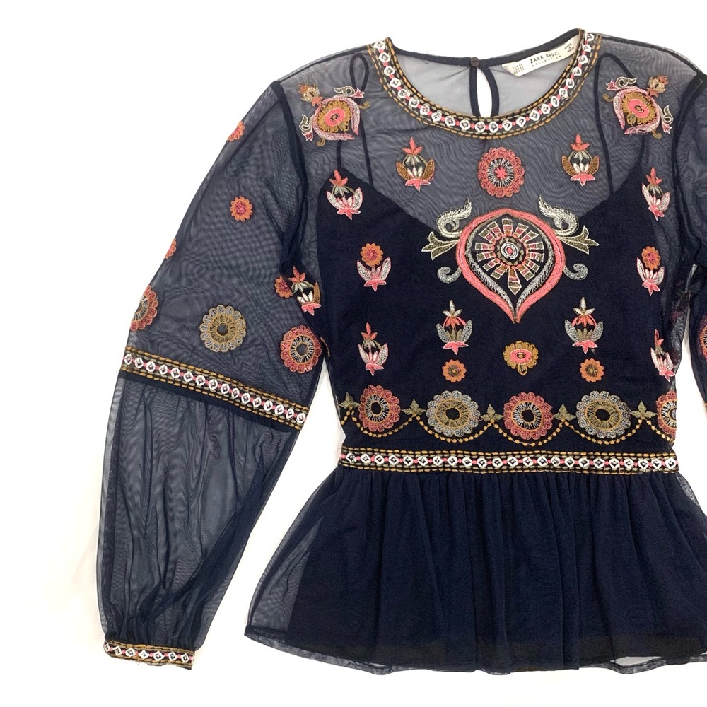 Embroidered Mesh Balloon Sleeve Peplum Boho Top - Picture 2 of 6